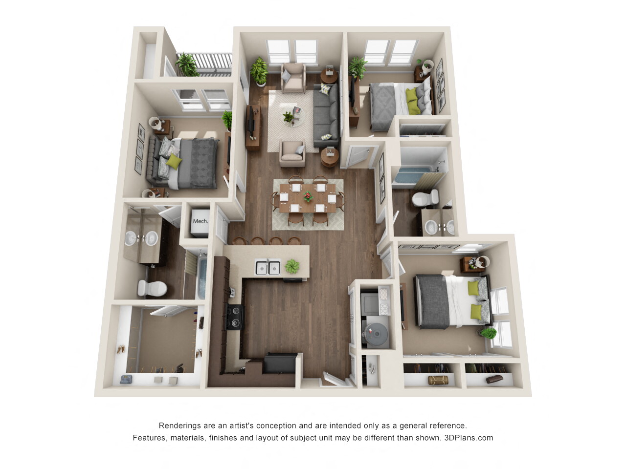 Floor plan for 3 beds, 2 baths, 1087 sqft